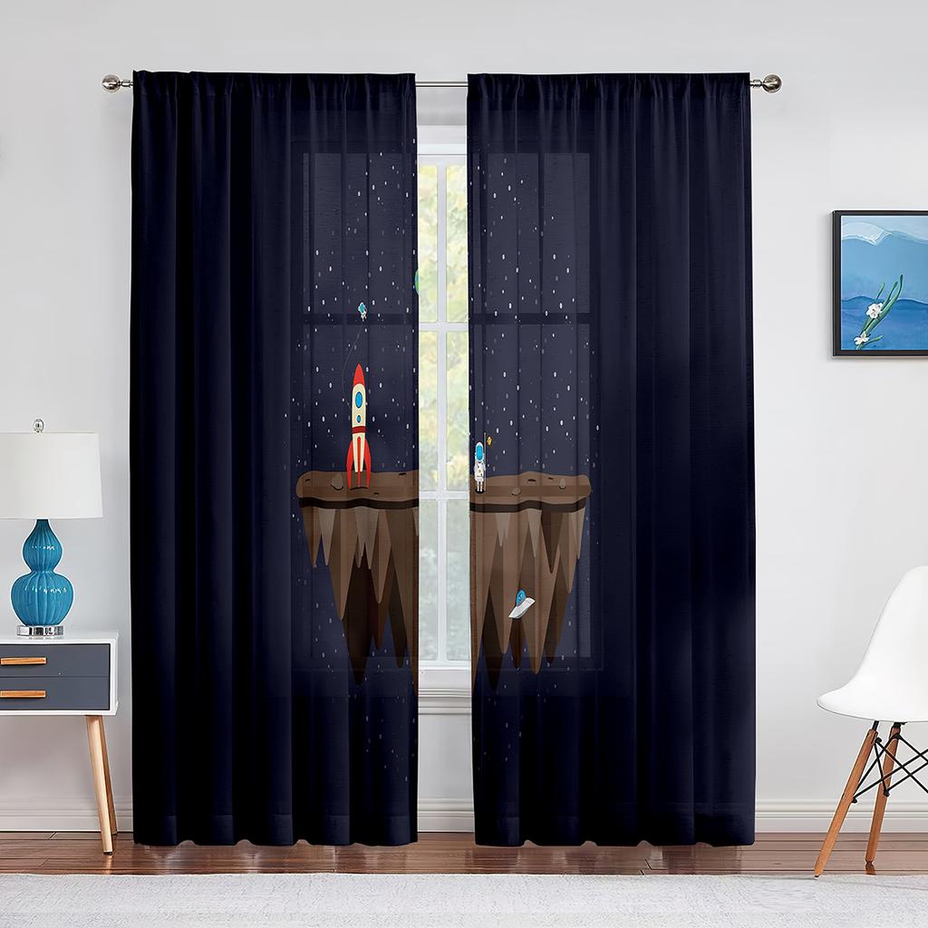 Tecknad Yttre Rymden Raket Planet Tyll Skira Fönstergardiner för Vardagsrum Pojkar Barn Sovrum Tyll Voile Gardiner Draperier Dekor