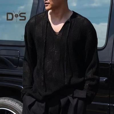 Fall Winter Men Sweater Hollow Out Elastic Drawstring Long Sleeves Solid Color Knitted Pullover Top V Neck Mid Length Warm Knitwear