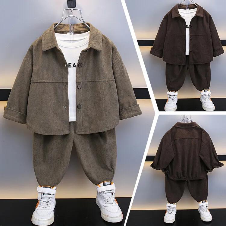 Boys' Stylish Fall Set: Solid-Color Collared Shirt + Corduroy Pants Two-Piece Outfit