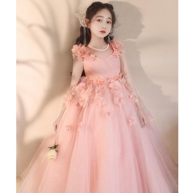 Girls Princess Dress Pink Flower Pageant Wedding Piano Performance Gown Kids Over 4 Years Old