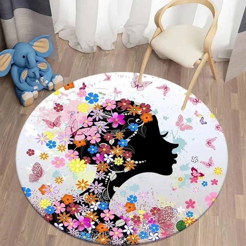 Butterfly Flower Fairy Girl Round Carpet Living Room Rugs Soft Doormat For Children's Room Playroom Decor Kitchen Bath Floor Mat