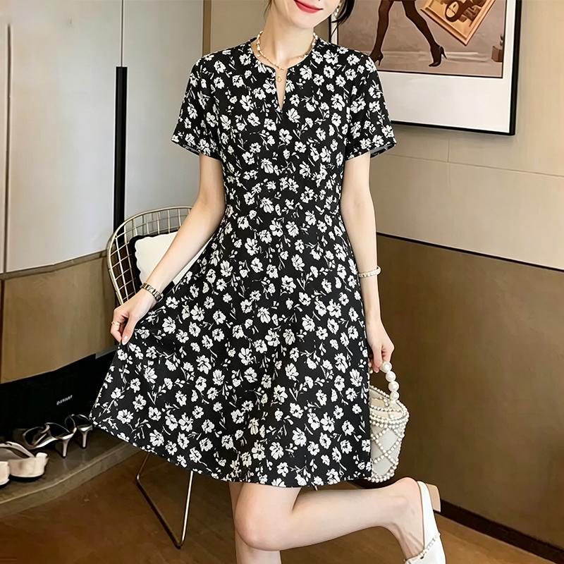 ZANZEA Women V-Neck Loose Summer Casual Floral Print Short Sleeve Dress S чёрный