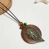 Retro Leather Rope Necklace with Wooden Alloy Pendant for Cotton and Linen Sweaters