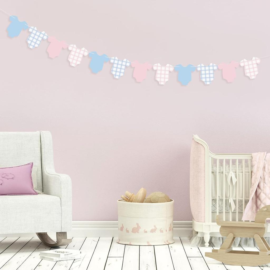 Weysat 2 Pcs Baby Clothes Banner Baby Boys Girls Shower Decorations Pink Blue Bodysuit Clothesline Banner Gender Reveal Birthday Neutral Party Outfit