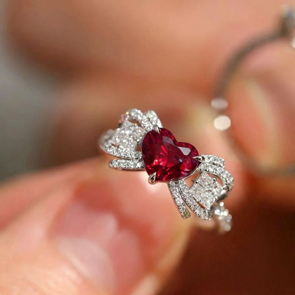 Fashion Light Luxury Heart-shaped Corundum Bow Ring, Super Fairy Butterfly Element Pigeon Blood Red Diamond Love Women's Ring Ring