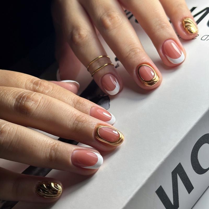 Gold Edge French Manicure Fake Nails - Popular European & American Style
