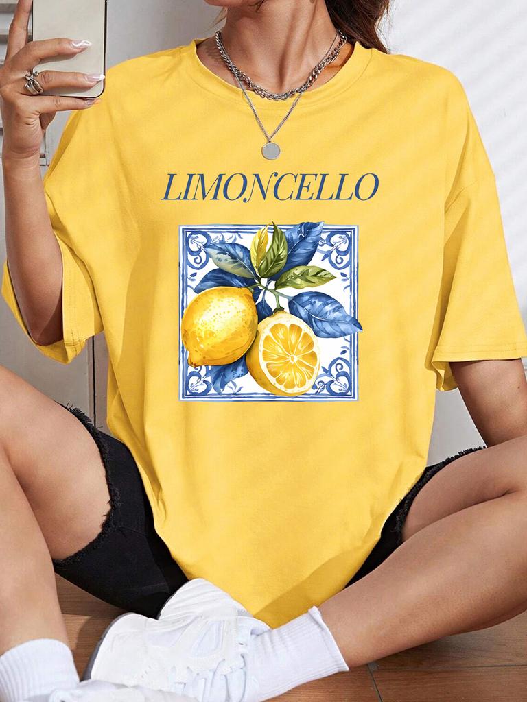 Lemon Cello Creative Fruits Printing TShirt Womens Cotton Summer Short Sleeve Comfortable Soft ONeck Tops Basic Woman Clothes