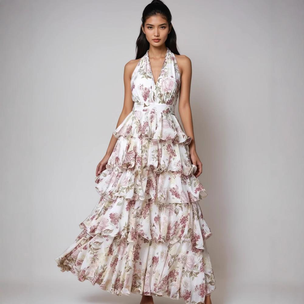 New In Spring, European and American Women's Dress Is Fashionable and Sexy V-neck Suspender Multi-layer Printed Dress