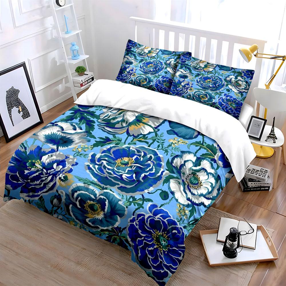 Blue Floral Pattern Design Bedding Duvet Cover Set (1*Duvet Cover 2*Pillowcases, Without Duvet Insert)