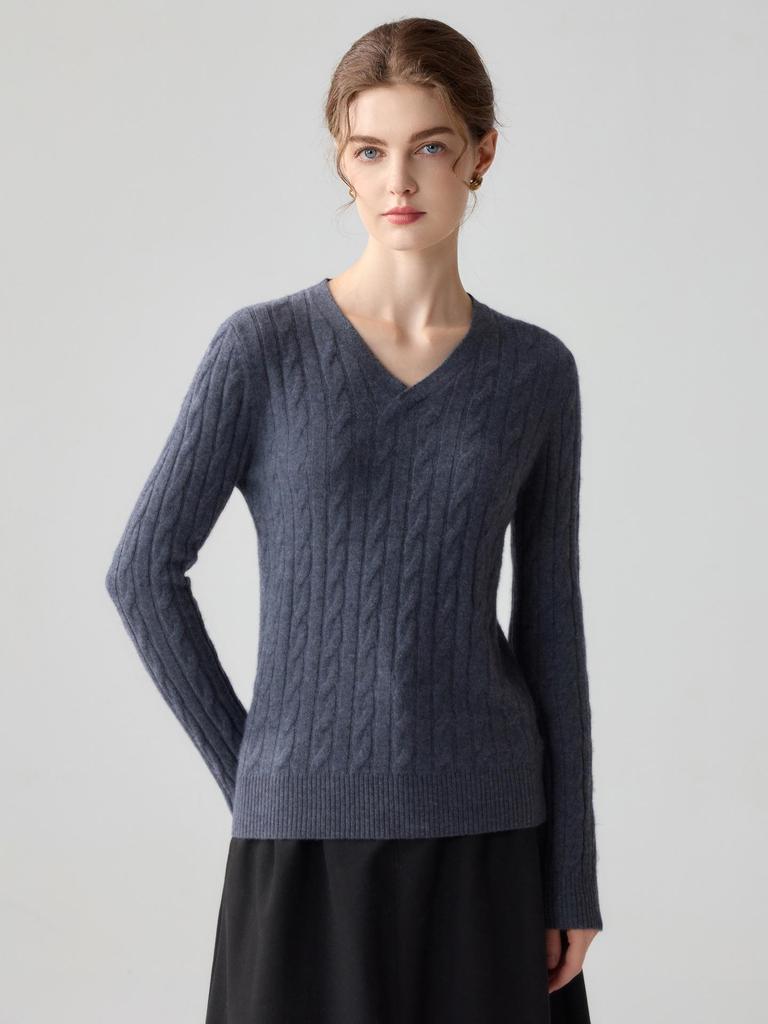 Damen Schlank geschnittener V-Ausschnitt Kaschmirpullover - Herbst/Winter Zopfmuster Langarm Einfarbige Basis Schicht