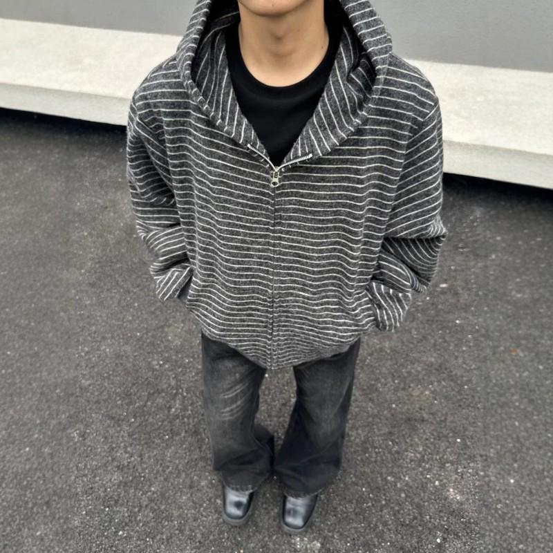 Unisex Striped Hooded Zip Sweatshirt Loose Fit Casual Couple Outerwear American Retro Style