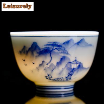 60 ml handbemalte Landschaftsteetasse, blaues und weißes Porzellan, Meistertasse, Schattengrüne Teeschale, Tassenset, Kung-Fu-Tee-Trinkgeschirr
