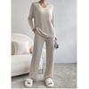 Western Style Spring and Autumn New Cross-Border V-neck Solid Sunken Stripe Loose Long Sleeves Shirt Trousers Casual Two-piece Suit Women Clothes