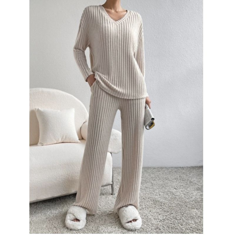Western Style Spring and Autumn New Cross-Border V-neck Solid Sunken Stripe Loose Long Sleeves Shirt Trousers Casual Two-piece Suit Women Clothes