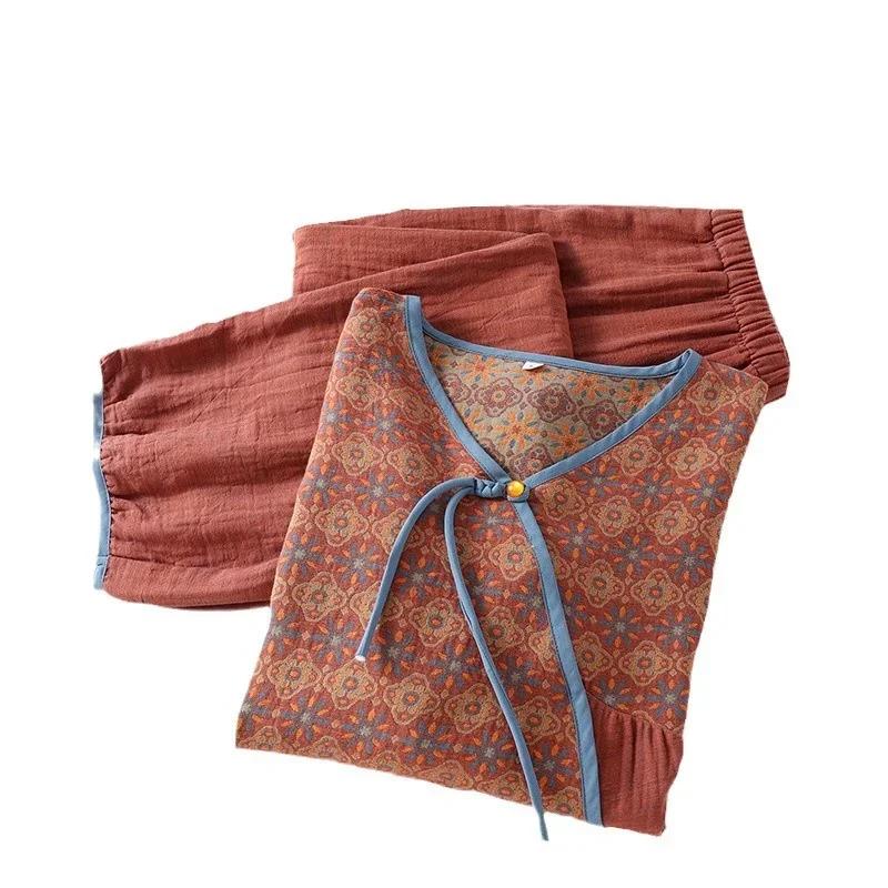 Baumwollpyjama im chinesischen Stil für Damen, doppellagige Gaze, langärmelige Hose, Loungewear, V-Ausschnitt, Heimkleidung, 2-teiliges Set