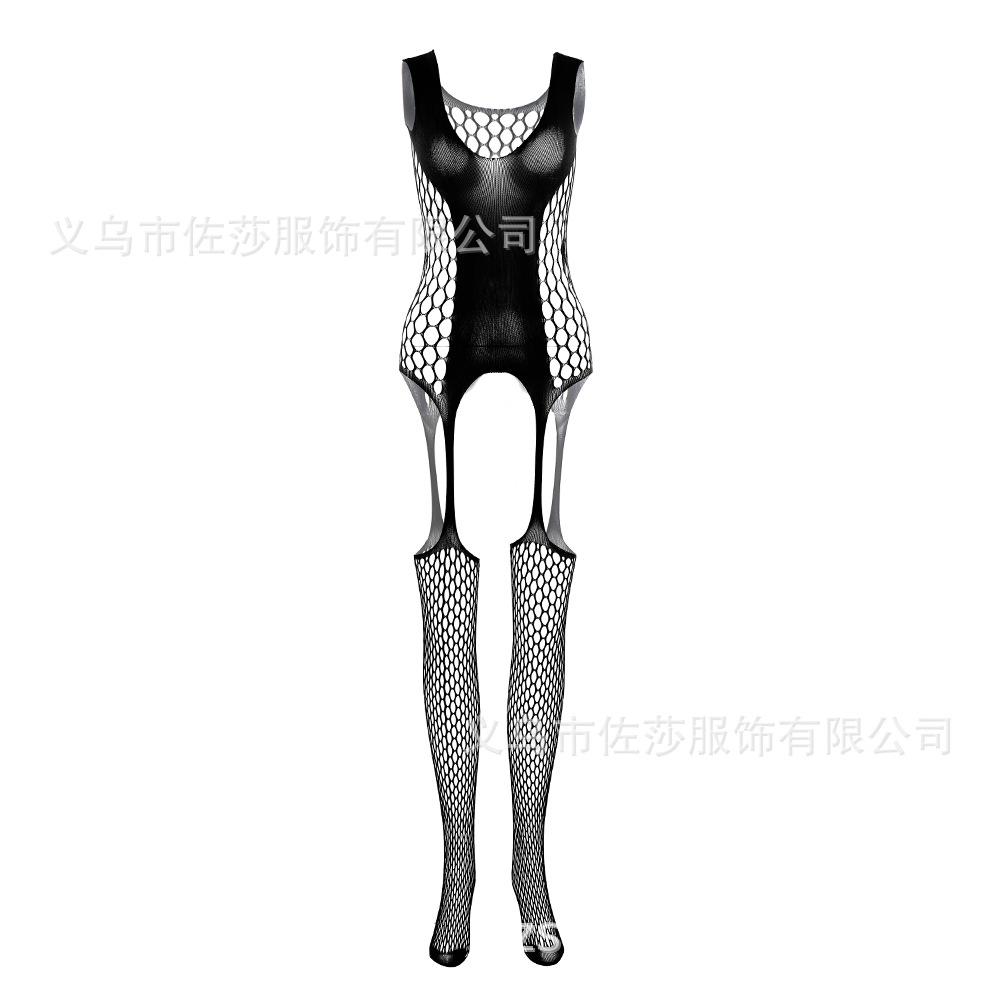 Black silk suspenders, milk leakage sex stockings, transparent hollow pajamas, neck-hanging tights, net clothes, tone