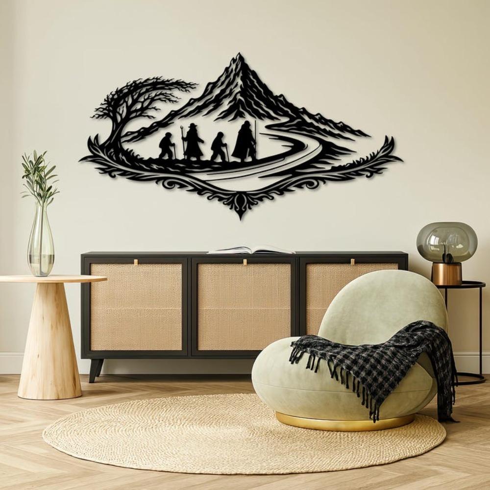 Metall-Wandkunst, Abenteuer-Bergpfad-Dekor, Fantasy-Silhouette, Hütte Mannhöhle Heimdekoration