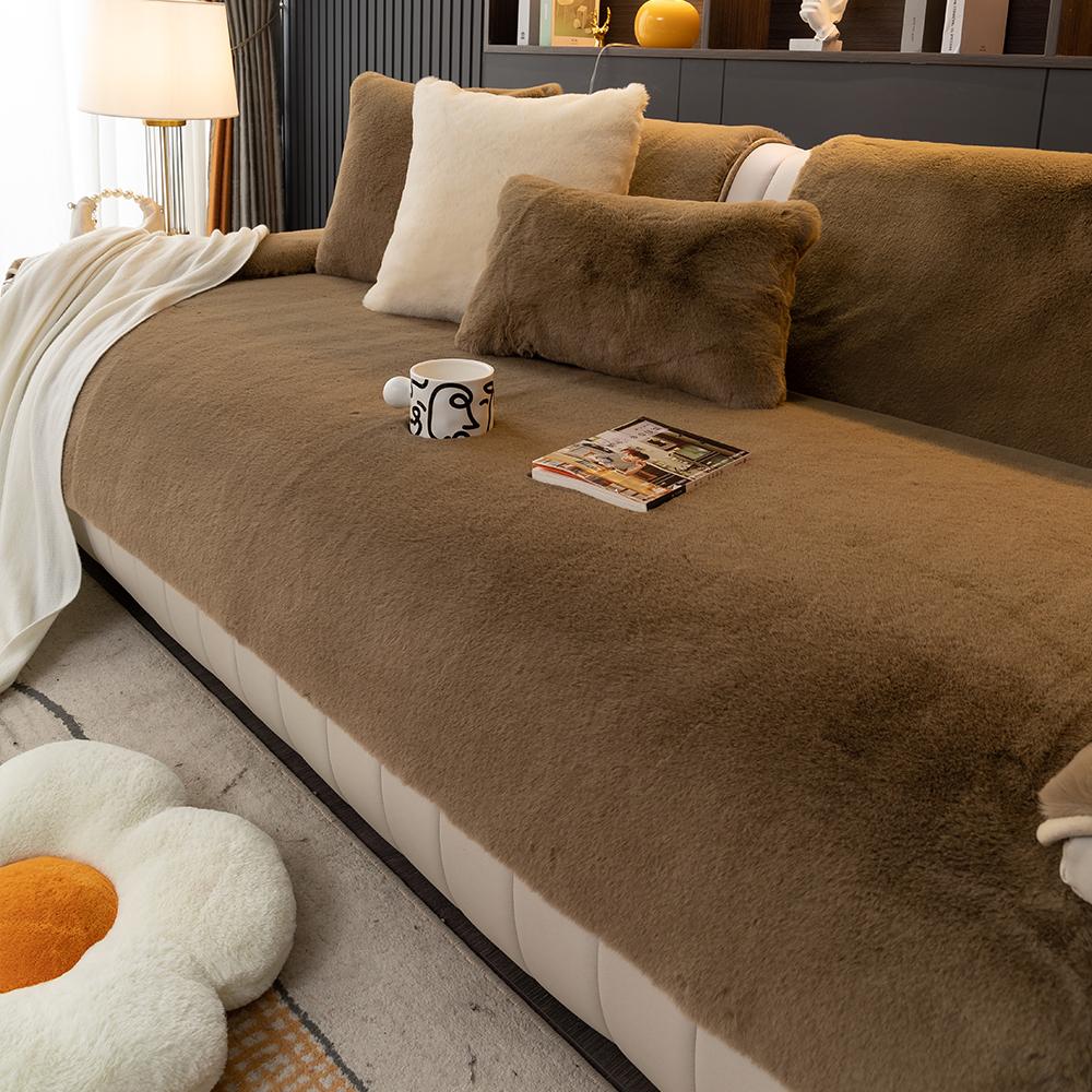 Winter Sofa Cover Rabbit Fur Soft Sensation Padded Plush Sofa Cushion Non-Slip Furniture Protector Suitable for 1-4 People