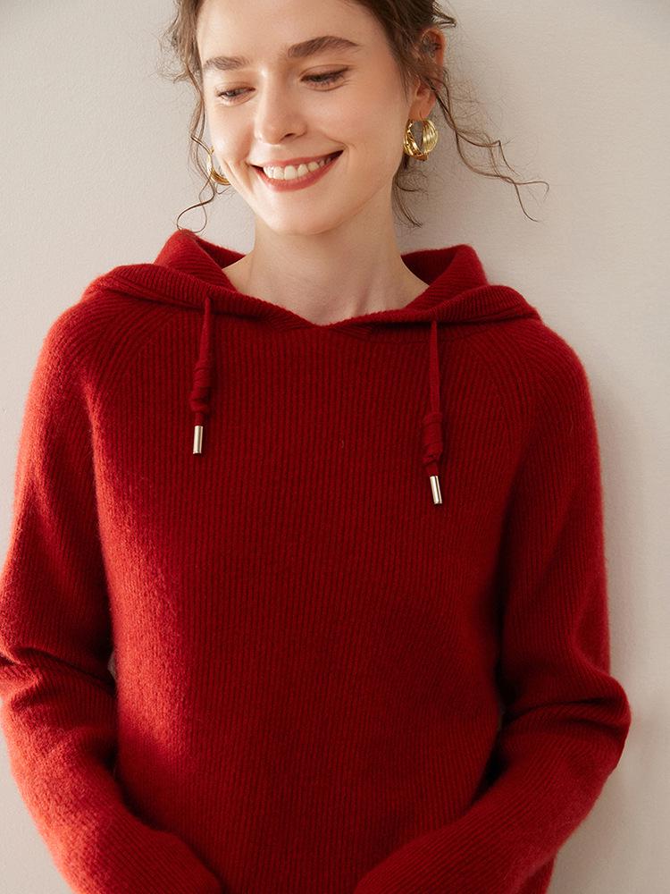 2024 Women's Autumn/Winter Cashmere Hooded Ribbed Sweater with Drawstring, 12 Gauge Knit