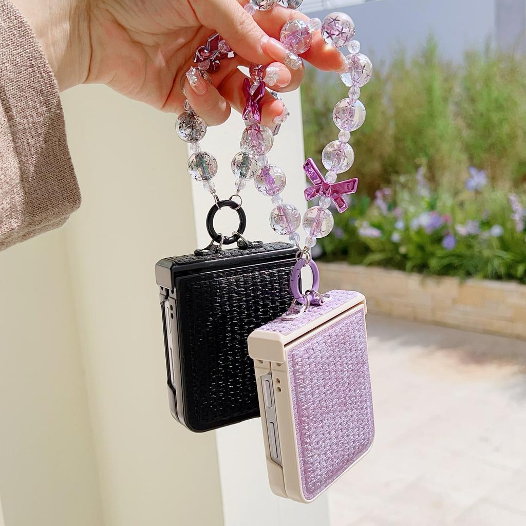 Glitter Pearl Bowknot PU Leather Wrist Strap Phone Case for Samsung Galaxy Z Flip 6 5 4 3 Hinge Protection Shockproof Cover