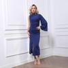 European and American Autumn/Winter Women's Solid Bell Sleeve Slit Dress