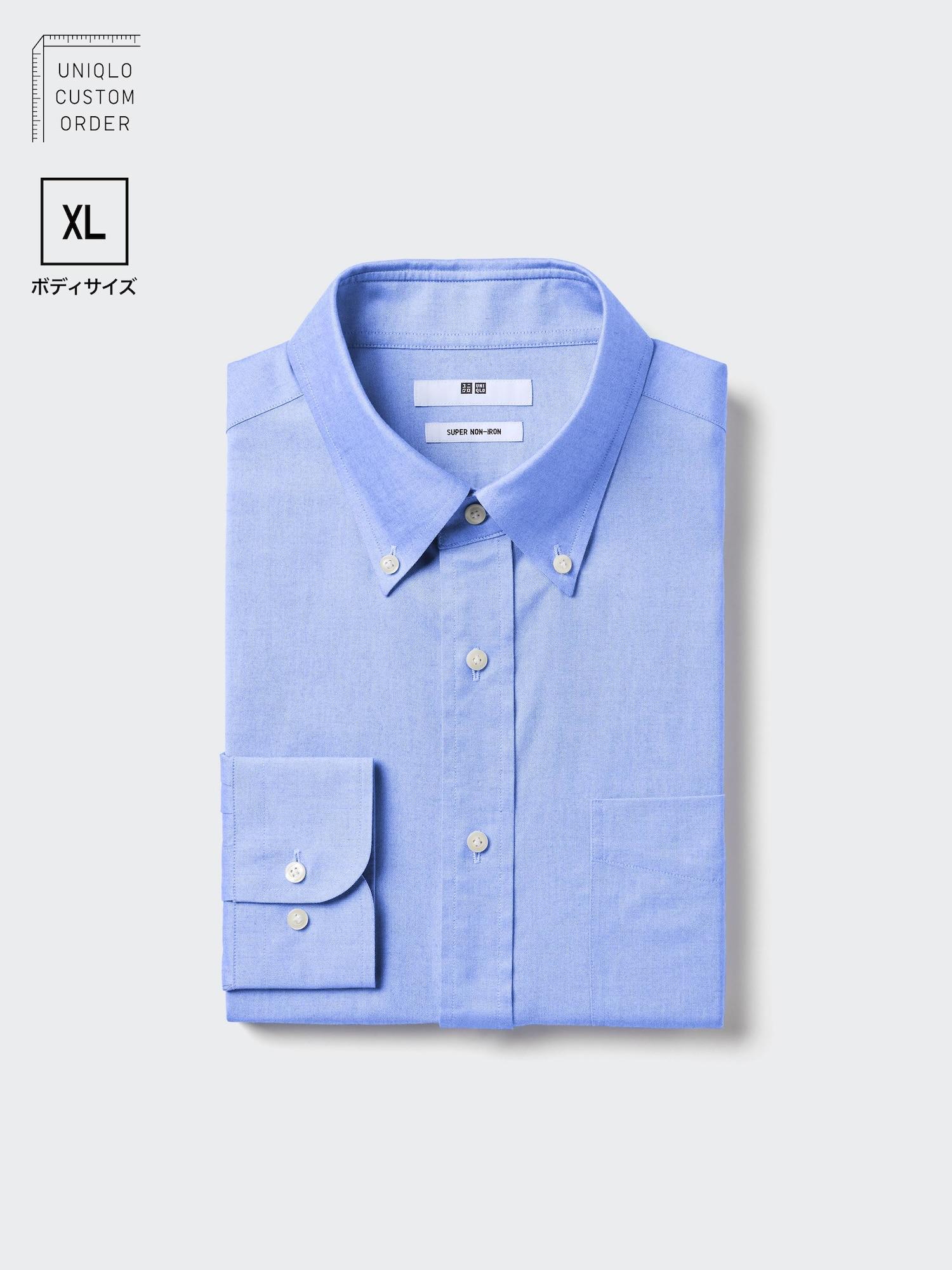 Uniqlo Япония Супер Негладящаяся Рубашка С Пуговицами Воротник-стойка Размер XL Длинные Рукава 64 BLUE/43