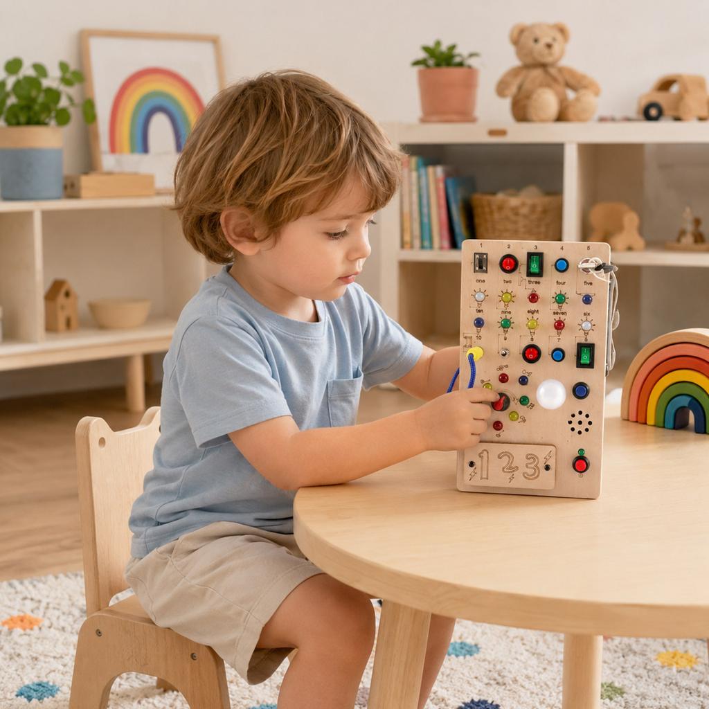 Montessori Wooden Busy Board with Light Switches and Sensory Toys Circuit Busy Board for Toddlers and Babies Over 1 Year Educational Activity Toy