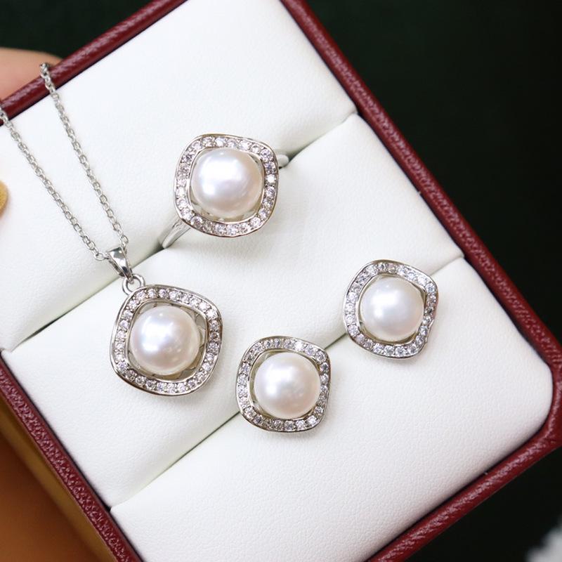 Elegant 8-9mm Freshwater Pearl Necklace, Silver Stud Earrings, and Ring Set for Women