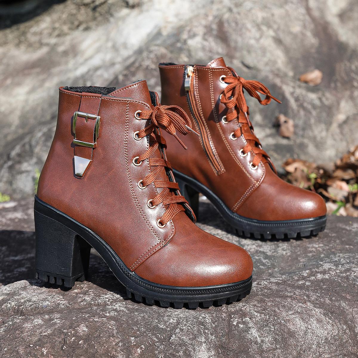 

Ботинки Martin женские на толстом каблуке весна-осень 2025 новые модные ботинки в британском стиле на высоком каблуке женские ботинки со шнуровкой и молнией сбоку 42 светло-коричневого