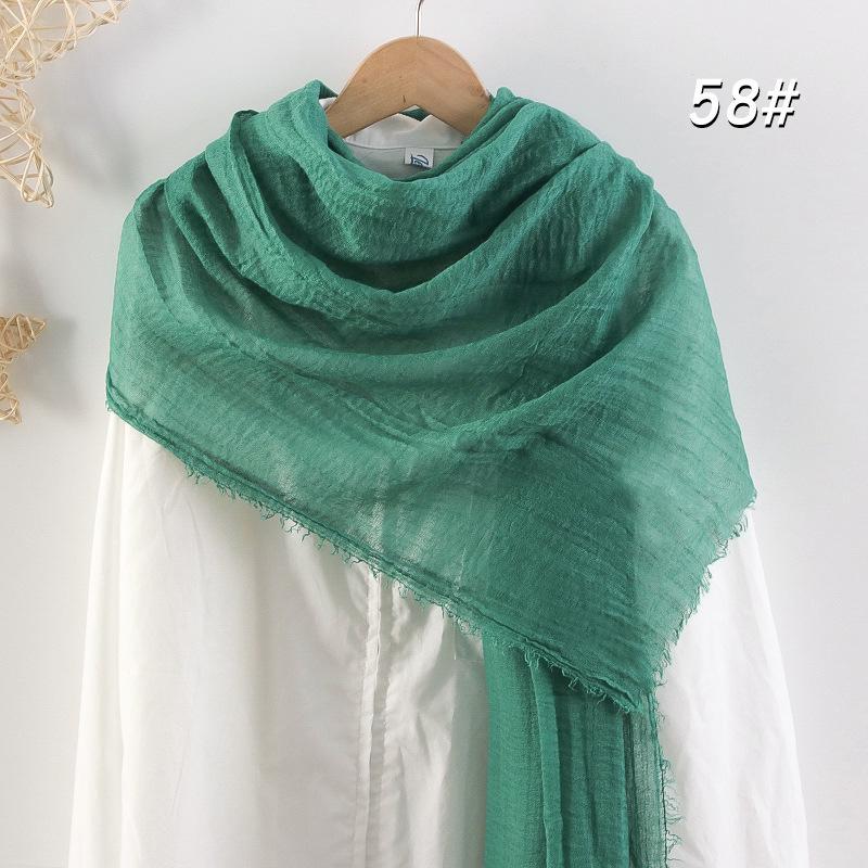 Crinkled Cotton-Linen Blend Scarf with Fringe - Solid Color, 90x180cm, Women's Headscarf