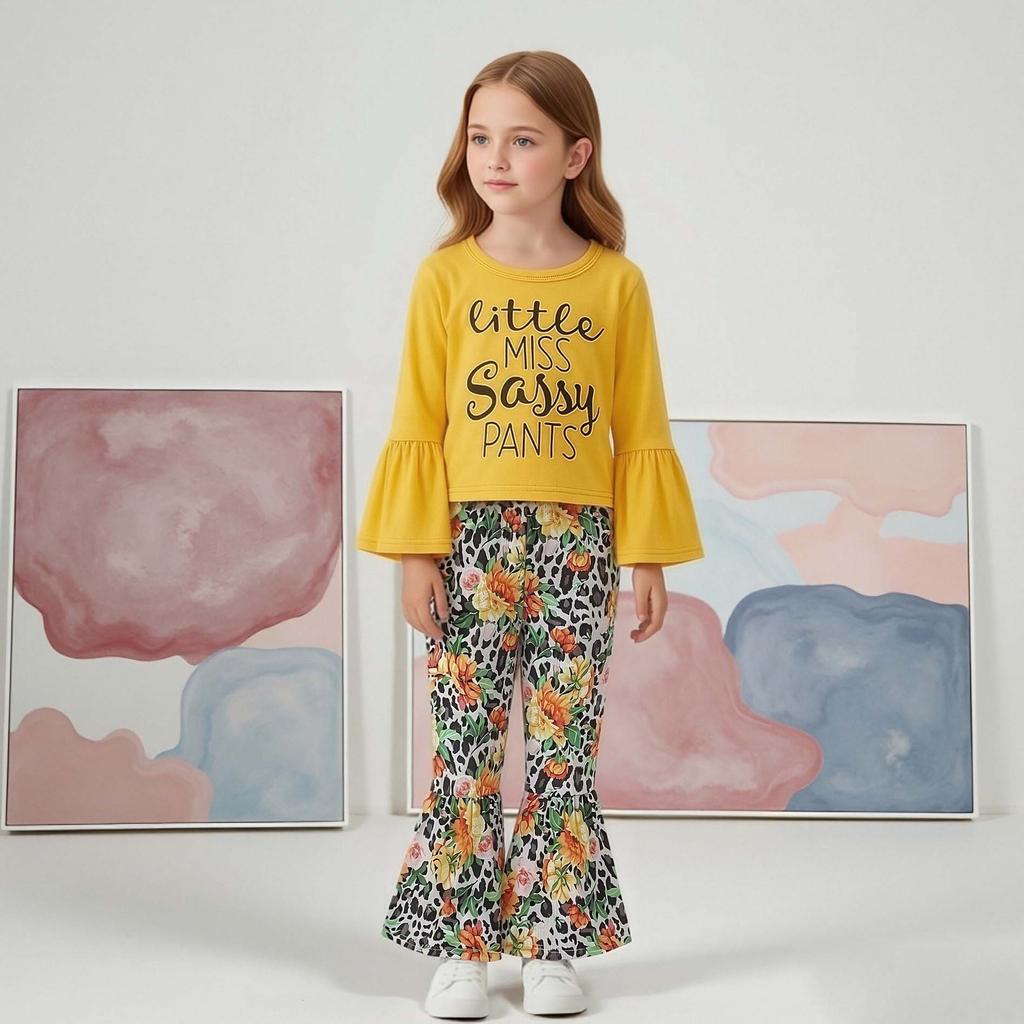 Girls Fashion Spring Autumn 2 Piece Sets Long Sleeve Letter Flared Cuff Pullover Top Flower Leopard Print Flared Pants Outfit