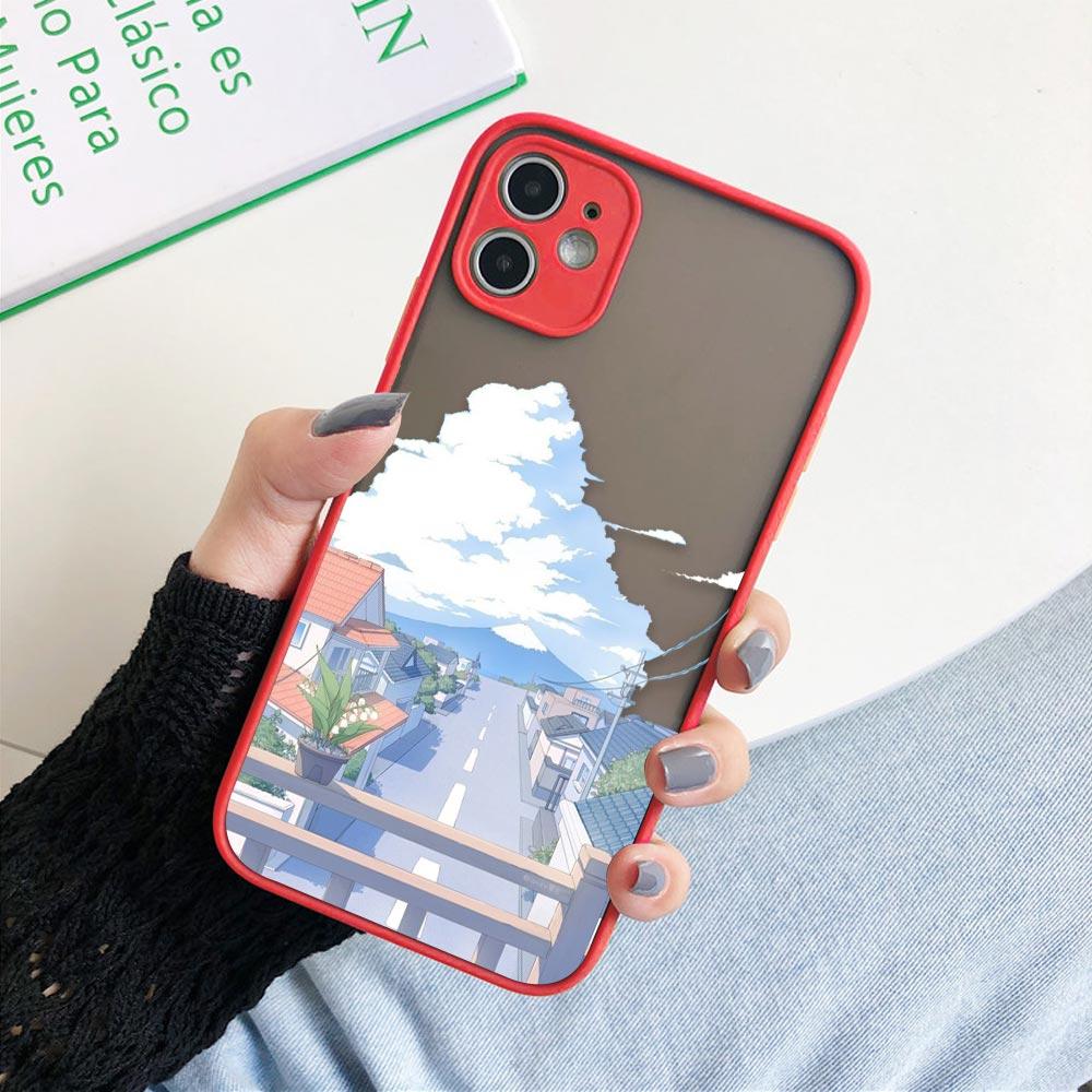 Matte Hülle für iPhone 11 12 13 14 Pm Pro Max XR X 8 7 Plus Pro XS Mini Skin Feeling Cover Japan Anime Handbemalte Hauslandschaft