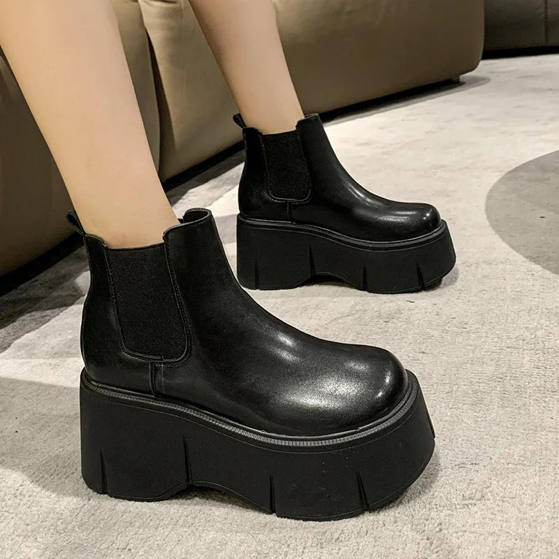 8CM Heels Winter Women Leather Chunky Ankle Boots Autumn High Platform Boots Woman Thick Bottom Non Slip Motorcycle Booties