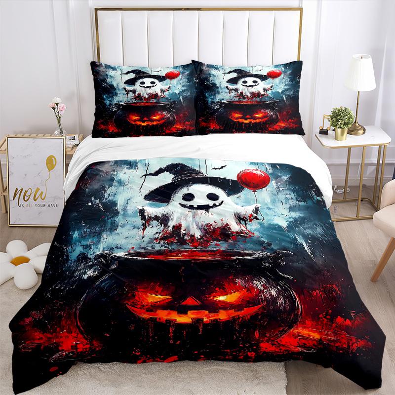 3pcs Halloween Ghost Printed Duvet Cover Set (1 * Cover+2 * Pillowcase, Without Core), Suitable for Home Bedroom, Guest Room, Dormitory Decoratio