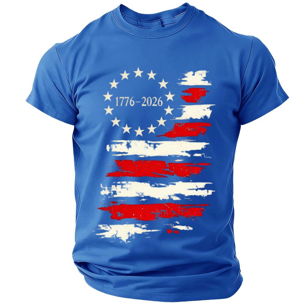 Men’s Short Sleeve Crew Neck T Shirt with Distressed Flag Print 776–2026 Graphic for Everyday Wear