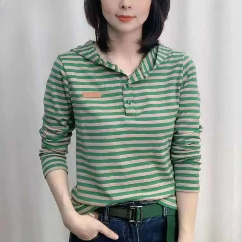 Fashion Striped Hooded Long-sleeved T-shirt Spring and Autumn All-match Plus Size Women's Slim Literary Retro Top