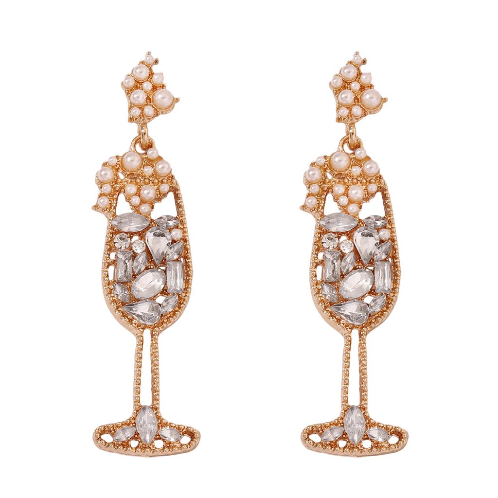 European and American retro imitation pearl inlaid rhinestone wine glass shape fashion temperament high sense earrings cross-border hot wholesale