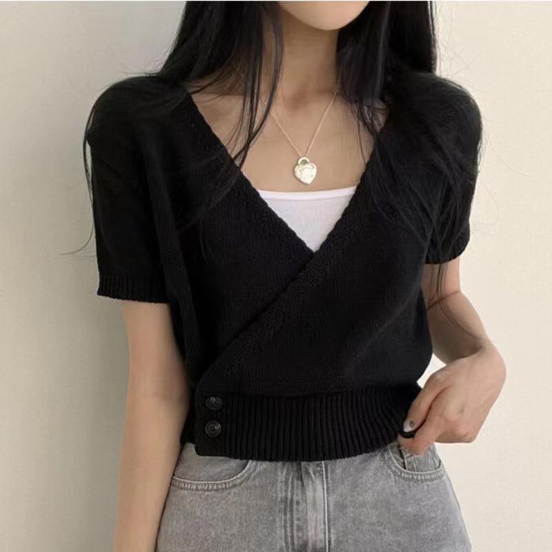 Temperament V-neck Cross Slash Placket Row of Buttons Short-sleeved Knit Shirt Summer Short Tops Female Casual Essential Slim Fit Pullovers Tees