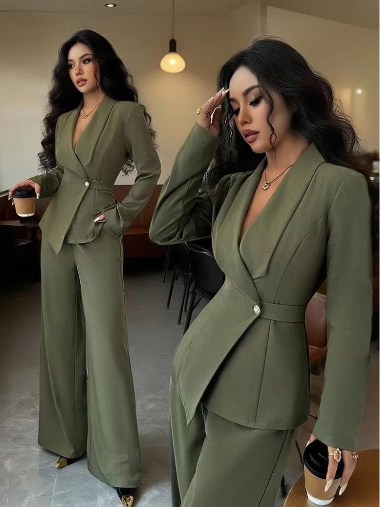 Women's European & American Spring/Autumn Fashion V-Neck Long Suit with Wide-Leg Pants Set