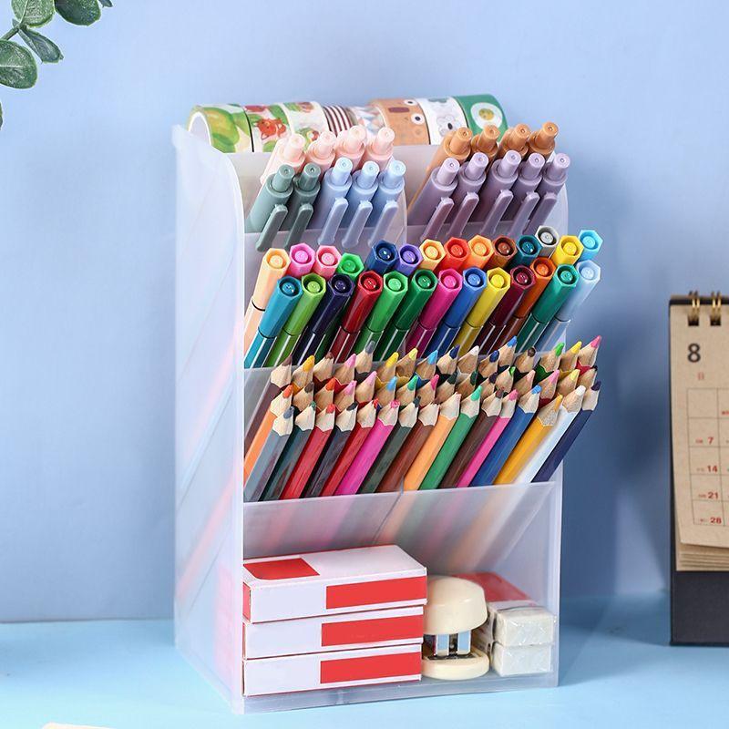 Large Transparent Slanted Pen Holder Desk Storage for Students and Children's Rooms