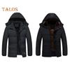Men Cotton Coat Stand Collar Hooded Long Sleeve Zipper Buttons Placket Jacket Coat Solid Color Thickened Plush Lining Mid-Length Jacket