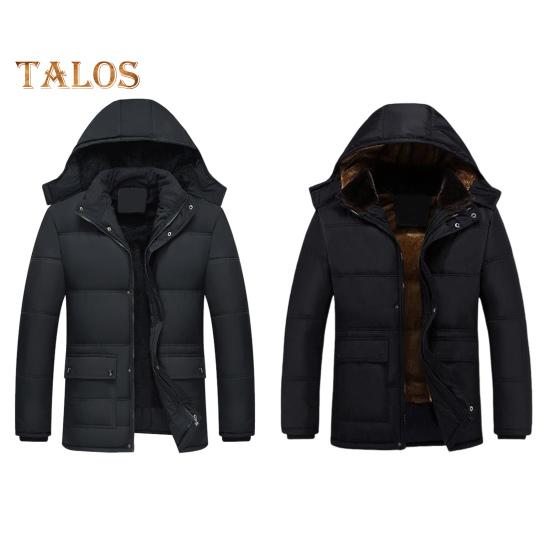 Men Cotton Coat Stand Collar Hooded Long Sleeve Zipper Buttons Placket Jacket Coat Solid Color Thickened Plush Lining Mid-Length Jacket