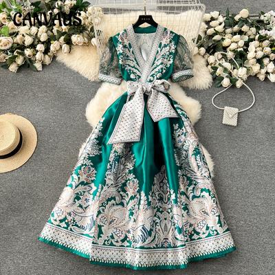 Vintage Court Style Dresses Women's Printed Straps Waisted Long French Bubble Sleeve Temperament Dress