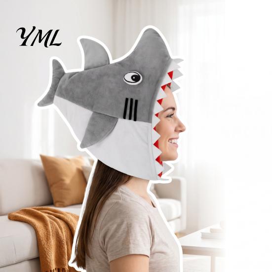 Funny Shark Hat for Parties Mask Adults/Kids, Plush Headgear, Adjustable Costume Hood Halloween Theme Photo Prop Unique Prank Gift Friends