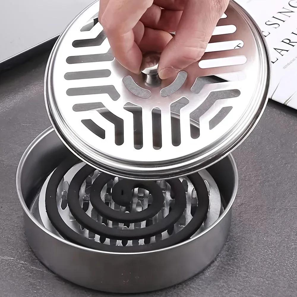 New 1pc Stainless Steel Mosquito Coil Box Cover Mosquito Coil Tray Large Ash Tray Outdoor Portable Mosquito Coil Holder