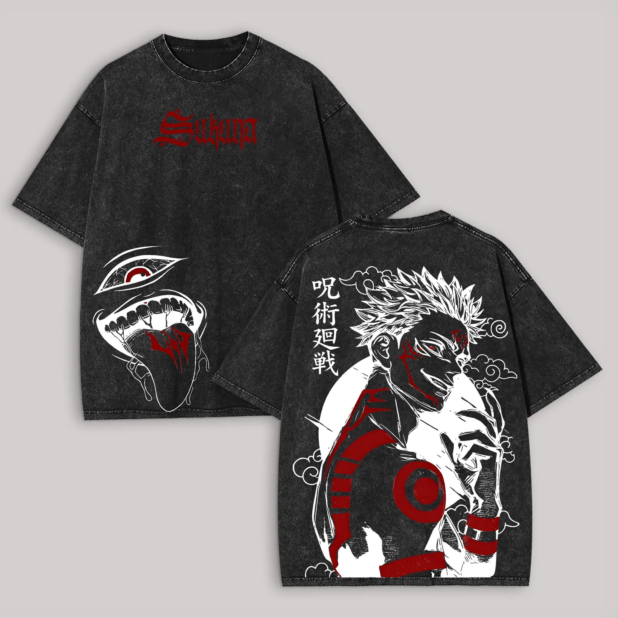 

Jujutsu Kaisen Sukuna T Shirt Eye Mouth Side Print Men Acid Wash Oversized Streetwear Anime Retro Cotton Top Tee M