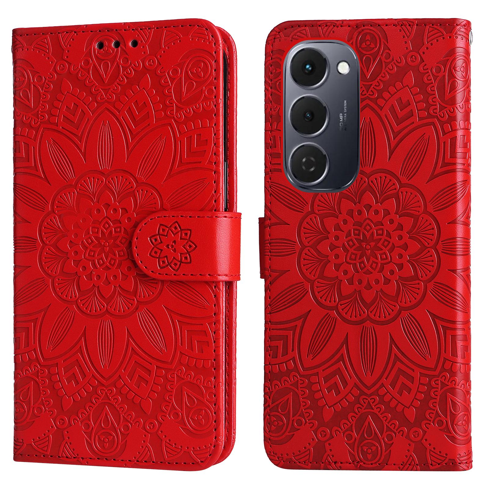 

Для TECNO Spark 40 Pro+ 4G Чехол Кожаный кошелек с оттиском подсолнуха Чехол для телефона Red