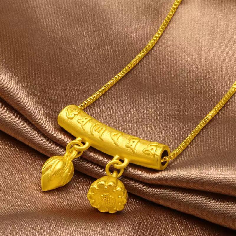 Vietnam Sand Gold Mantra Necklace & Bracelet: Lotus Seed Pod & Bent Tube, Brass Gold-Plated