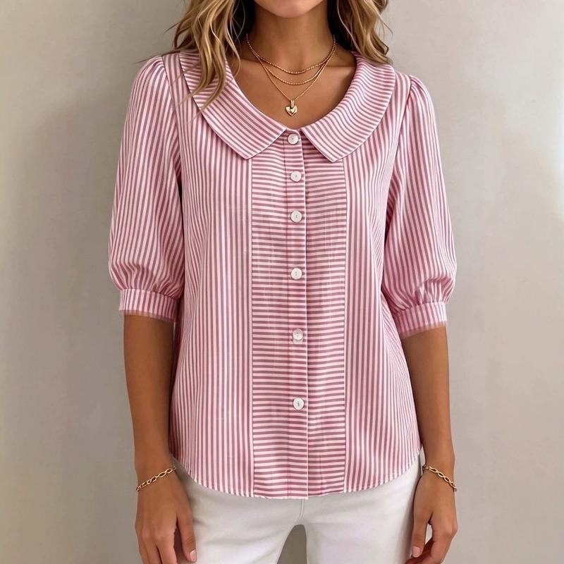 Turn Down Collar Striped Short Sleeve Casual Daily Wear Shirt S розовый