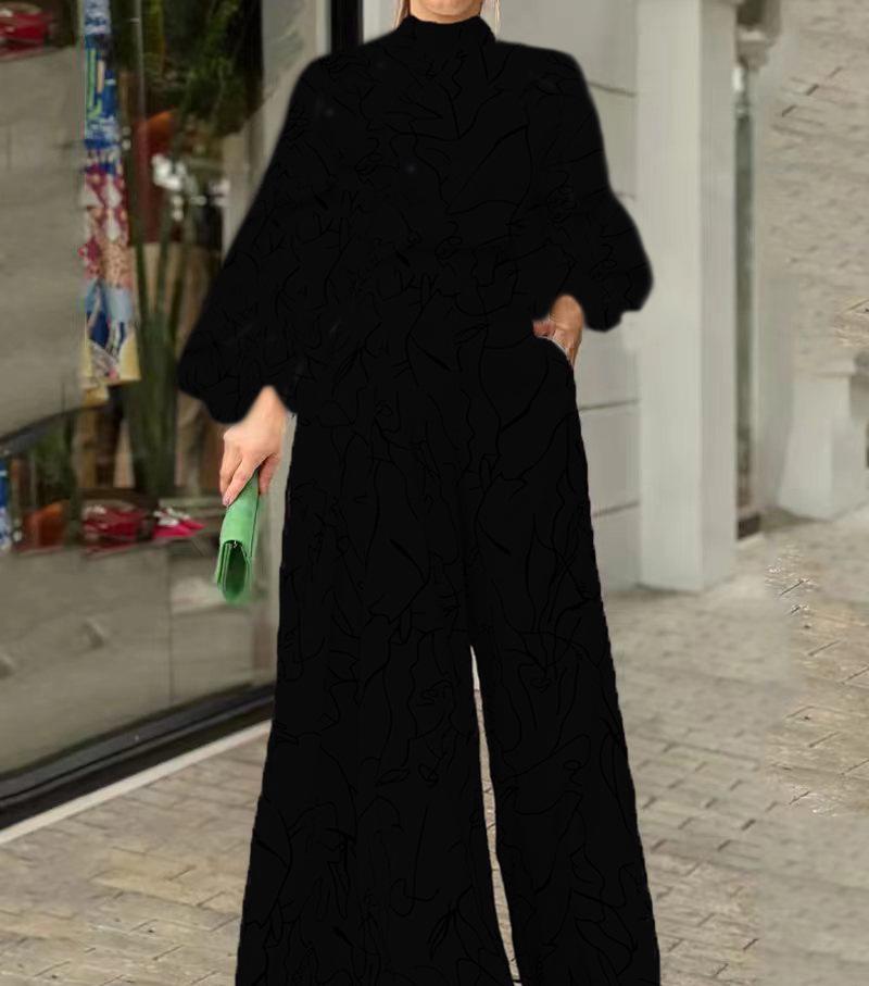 2026 Women's Elegant Waist-Cinching Long Sleeve Halter Jumpsuit with Lace-up and Print